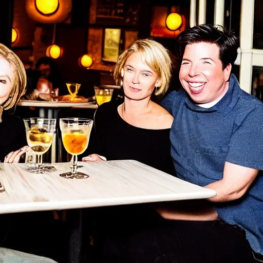 Prompt: portait of michael mcintyre and middle aged blonde woman with short hair and a blonde woman with long hair having dinner at sunday in brooklyn restaurant, greg rutkowsk