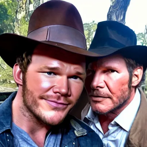 Prompt: chris pratt as indiana jones taking a selfie with an older harrison ford, instagram, cinematic