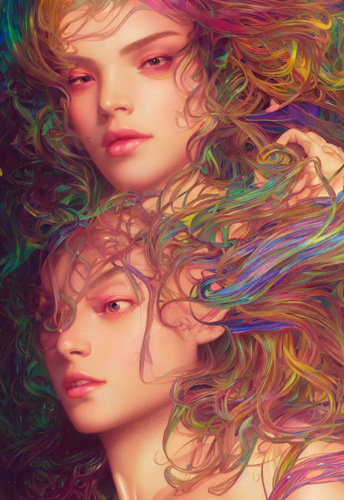 Image similar to beautiful, young woman, detailed gorgeous face, vaporwave aesthetic, synthwave, colorful, psychedelic, artstation, concept art, smooth, extremely sharp detail, finely tuned detail, ultra high definition, 8 k, unreal engine 5, ultra sharp focus, illustration, art by artgerm, greg rutkowski and alphonse mucha