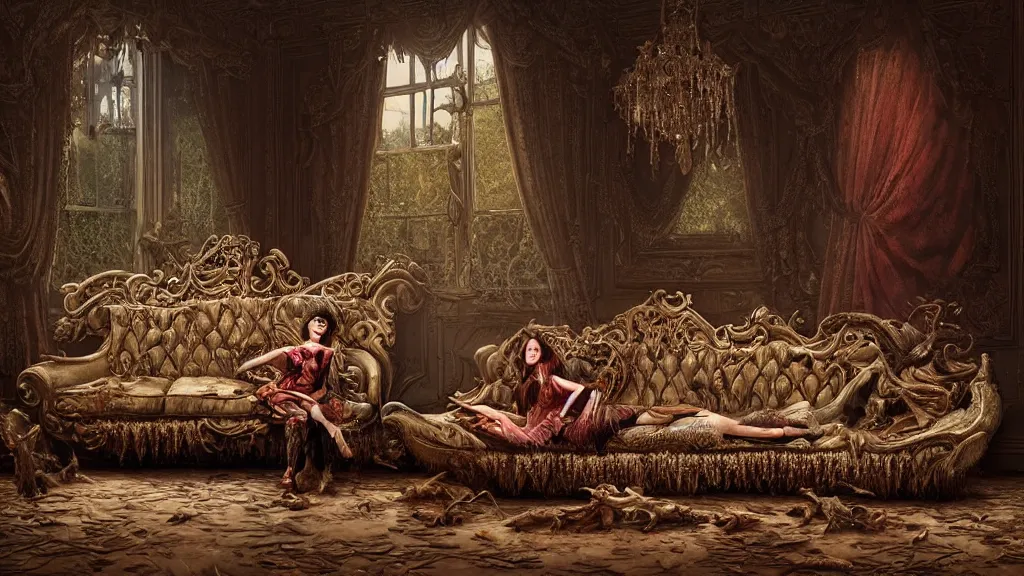 Image similar to a beautiful woman sitting on an ornate victorian couch made out of decomposing animals, intricate, detailed, volumetric lighting, sharp focus, photorealism, digital painting, highly detailed, concept art, by roger dean and simon stalenhag and mark brooks