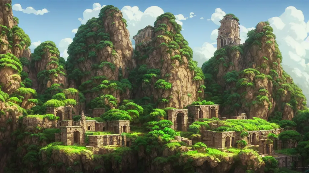 Image similar to ancient monastery ruins, studio ghibli, pixar and disney animation, sharp, rendered in unreal engine 5, highly detailed, digital painting, artstation, concept art, smooth, sharp focus, illustration, wide angle, artbook, wallpaper, splash art, promo art, dramatic lighting, art by artgerm and greg rutkowski and bo chen and jin xiaodi