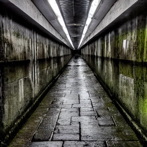 Prompt: down in the sewers of london, dark damp atmosphere, water dripping from the moss covered ceiling
