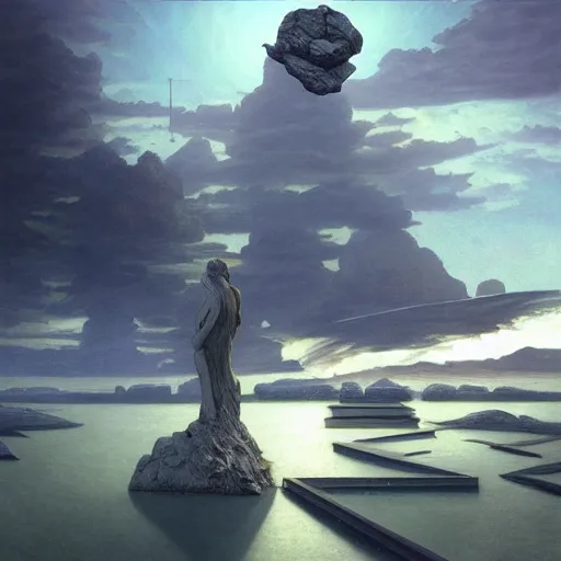 Image similar to David Friedrich, perfect white balance, scifi landscape, hyperrealistic surrealism, award winning masterpiece with incredible details, epic stunning, infinity pool, a surreal vaporwave liminal space, highly detailed, trending on ArtStation, artgerm and greg rutkowski and alphonse mucha, daily deviation, IAMAG, broken giant marble head statue ruins, golden hour