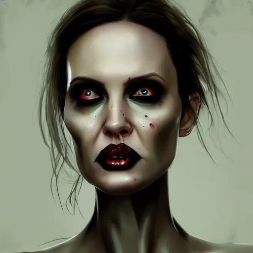 Image similar to a zombie Angelina Jolie, by WLOP, horror, wounds, bloody, dark fantasy, trending on artstation