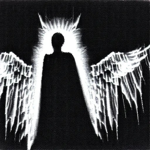 Image similar to vhs static overlay of angel apparition, vhs, 1 9 9 0, beautiful, highly realistic, highly detailed, vhs noise static, black and white, vhs glitch