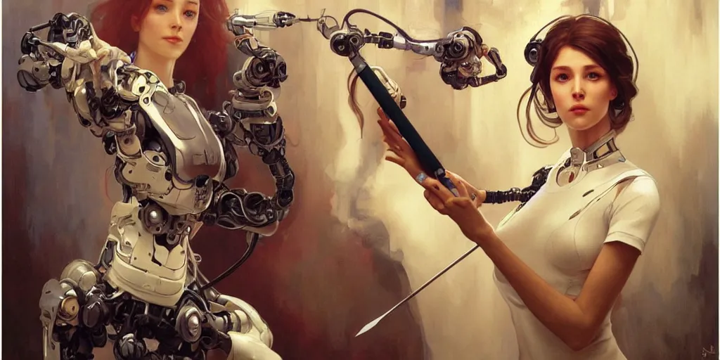 Image similar to female robot holding paintbrush, cybernetic paintbrush, robotic arm, incredibly detailed face, pretty face, true anatomy, art by artgerm and greg rutkowski and alphonse mucha