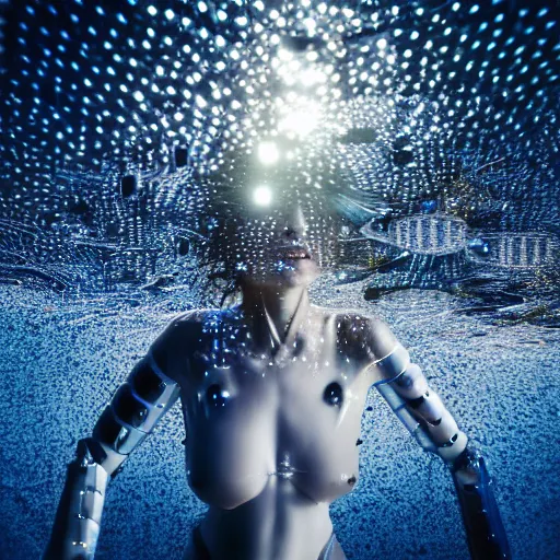 Image similar to beautiful centered fine art photo portrait of hoyeon jung as a solarpunk robotic humanoid treading above water, white mechanical parts with led lights, ultra - detailed and intricate, white background, sun lighting, soft focus, slow exposure hdr 8 k