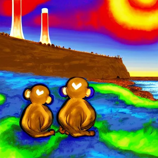 Image similar to high quality digital painting, monkeys playing with glowing radioactive rocks, nuclear power plant in the background