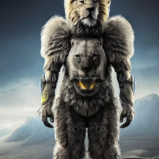 Prompt: humanoid with lion features in futuristic space armor with force fields, yellow eyes, teeth that protrude past the lower lip and fine grayish fur on their faces and backs of their hands and carrying weapons, octane,