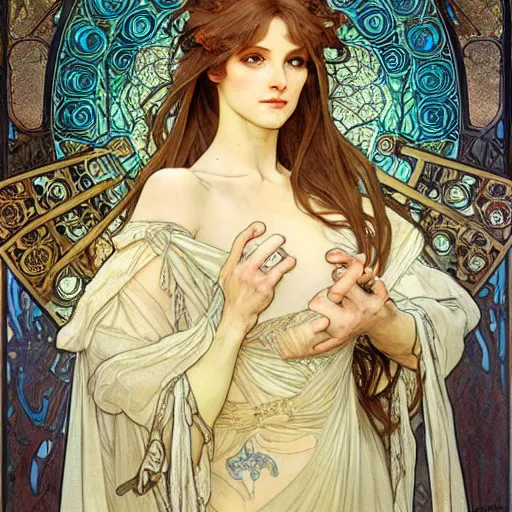 Prompt: realistic detailed face portrait of a beautiful radiant female cleric by Alphonse Mucha, Ayami Kojima, Amano, Charlie Bowater, Karol Bak, Greg Hildebrandt, Jean Delville, and Mark Brooks, Art Nouveau, Neo-Gothic, gothic, rich deep moody colors