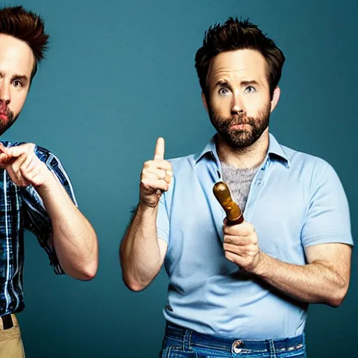 Image similar to Charlie Day and Rob McElhenney using invisible shake weights, norman Rockwell