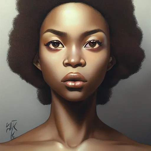 Image similar to A black woman with big Afro cute brown eyes, fine-face, realistic shaded perfect face, fine details. realistic shaded lighting poster by Ilya Kuvshinov katsuhiro otomo ghost-in-the-shell, magali villeneuve, artgerm, Jeremy Lipkin and Michael Garmash, Rob Rey and Kentarõ Miura style, trending on art station