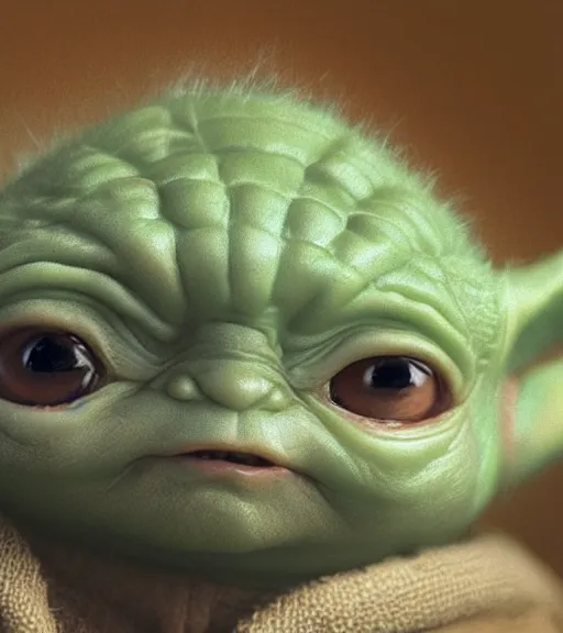 Image similar to a closeup portrait of Baby Yoda by Craig Mullins; extraordinarily-ugly; realistic-lighting; anatomically-correct; 90mm; f/1.4