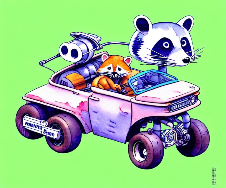 Prompt: cute and funny, racoon wearing a helmet riding in a tiny hot rod with oversized engine, ratfink style by ed roth, centered award winning watercolor pen illustration, isometric illustration by chihiro iwasaki, edited by range murata, tiny details by artgerm and beeple, symmetrically isometrically centered