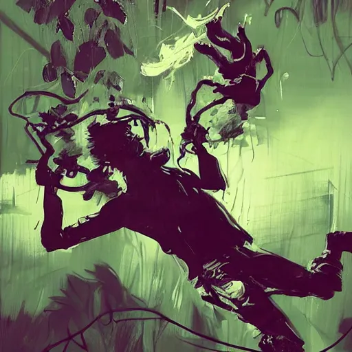 Prompt: highly detailed portrait of abe vigoda swinging on a vine, by dustin nguyen, akihiko yoshida, greg tocchini, greg rutkowski, cliff chiang, 4 k resolution, nier inspired, graffiti inspired, punk inspired, vibrant but dreary but upflifting lightning pink, black and white color scheme!!! ( ( dense jungle background ) )