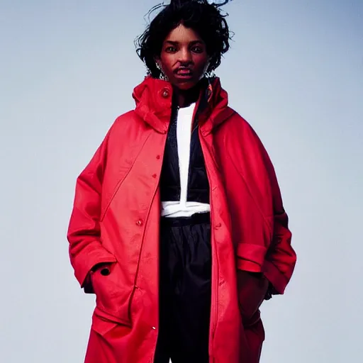 Prompt: realistic photoshooting for a new balenciaga!!! lookbook, color film photography, photo of a woman, model wears a inflated jacket, photo in style of tyler mitchell, 3 5 mm