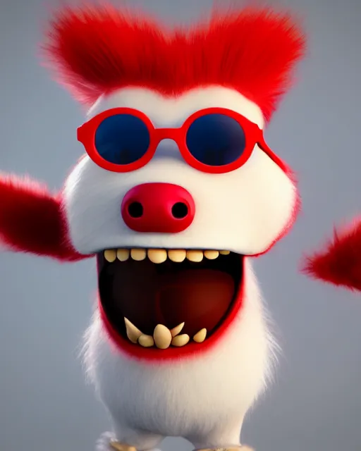 Prompt: 3 d render of completely red hairy friendly antropomorphic cartoony creature wearing white ray - ban shades, full body, simple, without nose, smiling, cute, white background, unreal engine 5 hdr