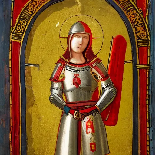 Prompt: a woman with red short hair, red hair, wearing a medieval armor, intricated details armor, holy knight, a halo on her head, holy saint, holy ichonography, catholic fresco