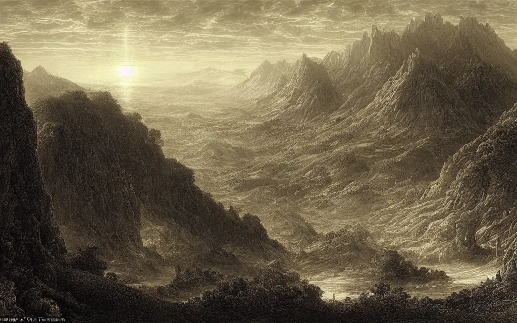 Prompt: a meticulously composed render of a middle earth landscape by francis danby, john martin, and gustave dore,