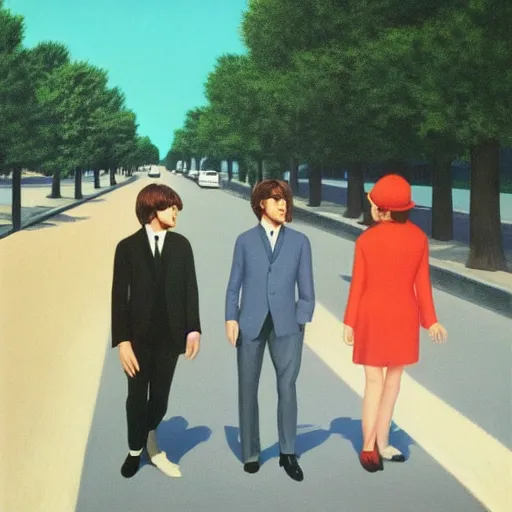 Prompt: beatles walk across the road by Raphael, Hopper, and Rene Magritte. detailed, romantic, enchanting, trending on artstation.