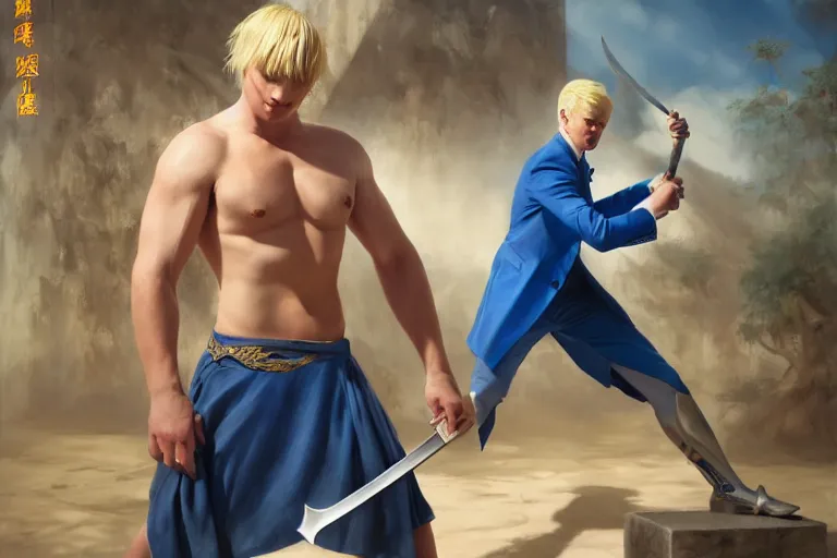 Prompt: a blond man in a blue suit with a sword fighting a bare chested asian gladiator, organic painting, sunny day, matte painting, bold shapes, hard edges, street art, trending on artstation, by huang guangjian, gil elvgren, ruan jia, randy vargas, greg rutkowski