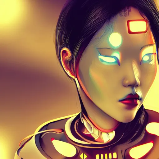 Prompt: an asian woman with half a robot face cyberpunk digital art