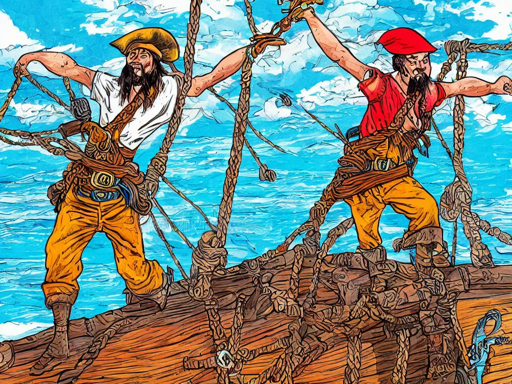 Prompt: a colorful detailed illustration of a drunk pirate barely holding on to the bowsprit of a pirate ship, long shot, captain morgan rum style