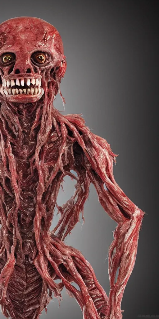 Prompt: smiling photorealistic ultra detailed humanoid creature made of decomposed bloody flesh and bones and fur, extremly detailed, 8 k, realistic, sharp focus, cosmic horror creature, cosmic horror, from the movie the thing, mysterious creature, bloody eyes, big eyes