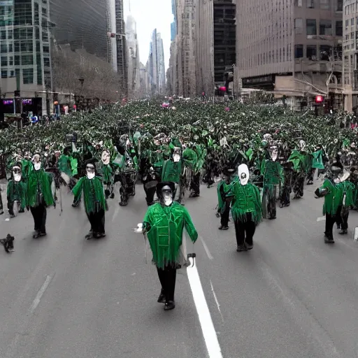 Image similar to a parade of the dead marching down 5 th ave manhattan on st. patrick's day, 8 k, photo realistic, extremely life like
