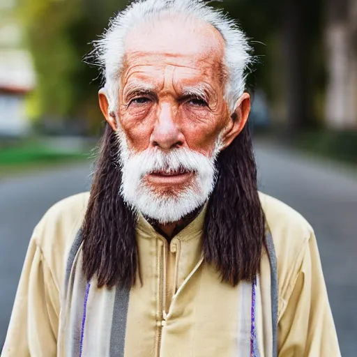 Image similar to portrait of an elderly man with a king mullet, canon eos r 3, f / 1. 4, iso 2 0 0, 1 / 1 6 0 s, 8 k, raw, unedited, symmetrical balance, wide angle