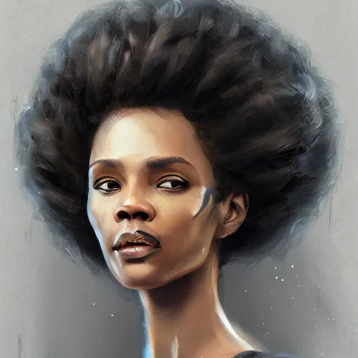 Image similar to Portrait of a woman by Greg Rutkowski, she is about 30 years old, mulato, afro hair, attractive and beautiful, wifey material, she is wearing a futuristic lawyer outfit, highly detailed portrait, scifi, digital painting, artstation, concept art, smooth, sharp foccus ilustration, Artstation HQ