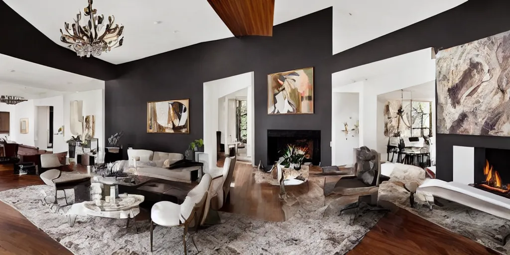 Prompt: a modern living room with dark wood floors and muted colored walls, adjacent hallways, and a wall sized hollywood fireplace, low hanging art deco chandeliers on fire.