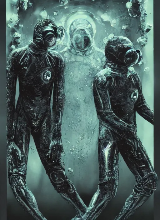 Image similar to astronauts in dark and empty void underwater - complex and hyperdetailed technical suit. reflection and dispersion materials. rays and dispersion of light. volumetric light. 5 0 mm, f / 3 2. noise film photo. flash photography. ultra realistic, wide angle. poster by wayne barlowe, hajime sorayama aaron horkey, craig mullins