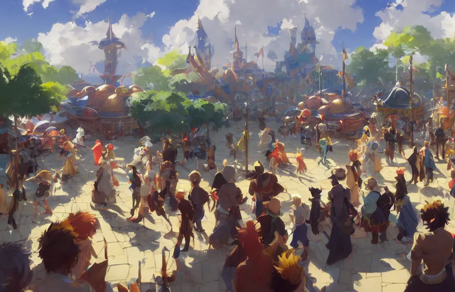 Image similar to greg manchess concept art of the millennial fair from chrono trigger, outdoor fairgrounds, colorful pavillions, key visual, ambient lighting, highly detailed, digital painting, artstation, concept art, sharp focus, by makoto shinkai and akihiko yoshida and hidari and wlop and greg rutkowski