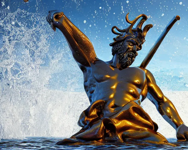 Image similar to a giant abstract sculpture of a legendary greek warrior god on the water, in the style of jeff koons, award winning, cinematic, hyper - realistic, very detailed, realistic water splashes, ray tracing, 8 k resolution, long - shot, sharp focus, low angle, 8 5 mm photograph, wide lens