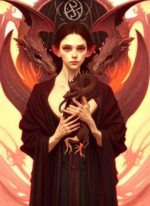 Prompt: a beautiful satanic sorcerer holding a small dragon, perfect hands, intricate, sharp focus, illustration, highly detailed, digital painting, concept art, matte, art by wlop and artgerm and greg rutkowski and alphonse mucha, masterpiece