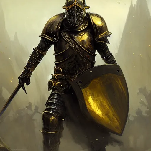 Image similar to anthropomorphic knight warrior in battle wearing black and gold plate armor, oil painting, Tooth Wu, Greg Rutkowski, RPG, dynamic lighting, fantasy art, High contrast, depth of field, landscape, scenery
