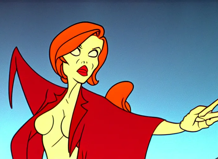 Prompt: dana scully in dragon's lair, shaded cartoon cel, animation model, sharp detail, thin linework, beautifully animated, technically accurate, realistic anatomy, in the style of don bluth, filmation, toei animation, studio trigger, 5 k, hd