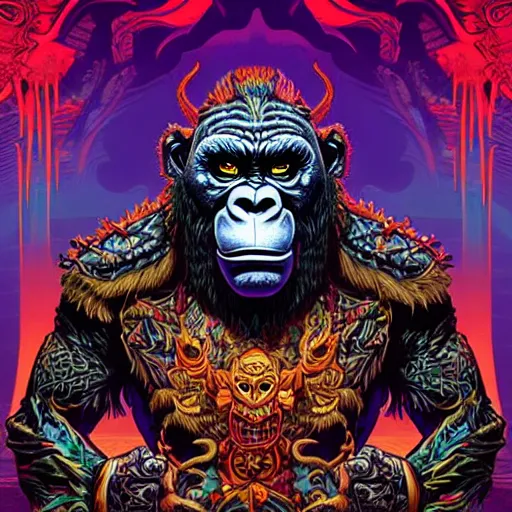 Image similar to barong family member, wiwek, mara demon, one single tribe member, jungle, one single mask, dark, ancient warrior, gorilla, lizard, tribal, inner glow, art by dan mumford and justin gerard