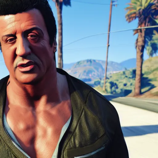 Image similar to sylvester stallone in grand theft auto 5, unreal engine, 8 k, octane render,