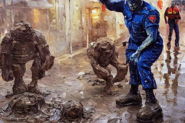 Image similar to palette knife oil painting of a mall security guard turning into a golem of mud and sludge., extreme detail, artstation trending, artgerm, deviant art, octane, substance, art history 8 k