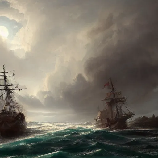 Image similar to an ship docking into an stormy island, Matte painting , detailed painting, made by Greg Rutkowski, 4k resolution, atmospheric, breathtaking