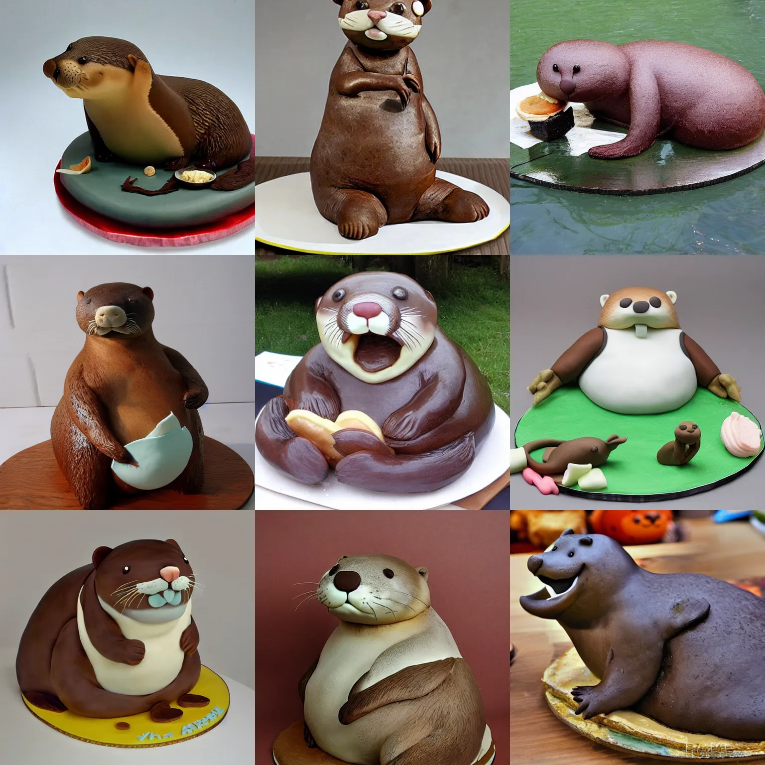 Prompt: cake sculpture of a fat otter eating fish, cake sculpture, animal - shaped cake, otter, photograph