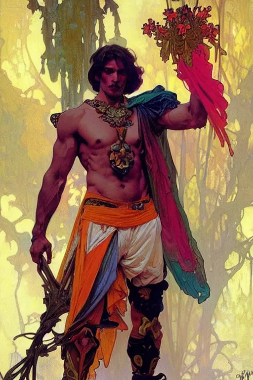 Image similar to A mage wearing colorful clothes, muscular, fantasy, holding a skull, painting by greg rutkowski and alphonse mucha