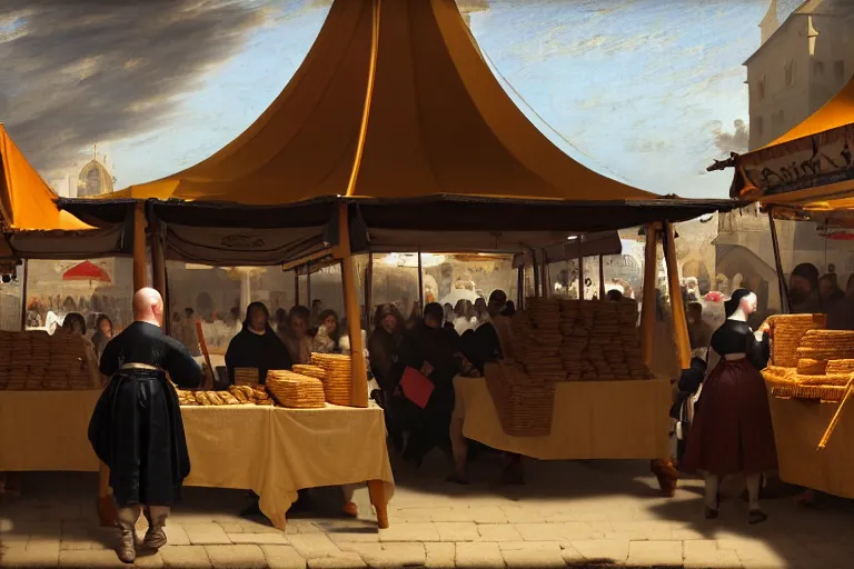 Prompt: The detailed tent of a medieval market, between the products being sold are mobile phones, ear phones, laptops, and other devices!! Some people walking around, close-up, big depth of field, matte painting, trending on artstation, hyper detailed, sharp, baroque painting, painted by Velazquez