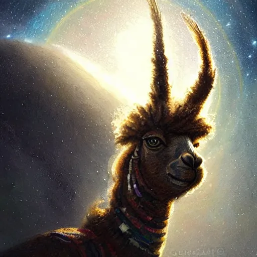 Image similar to detailed space portrait of a llama with dreadlocks, realistic creature concept, heroic pose, ultra realistic, ultra detailed, art by greg rutkowski