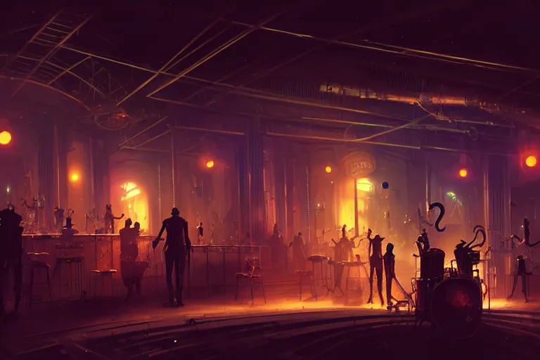 Image similar to night club, 3 steampunk robot jazz musicians, cinematic lighting, exaggerated detailed, unreal engine, art by greg rutkowski