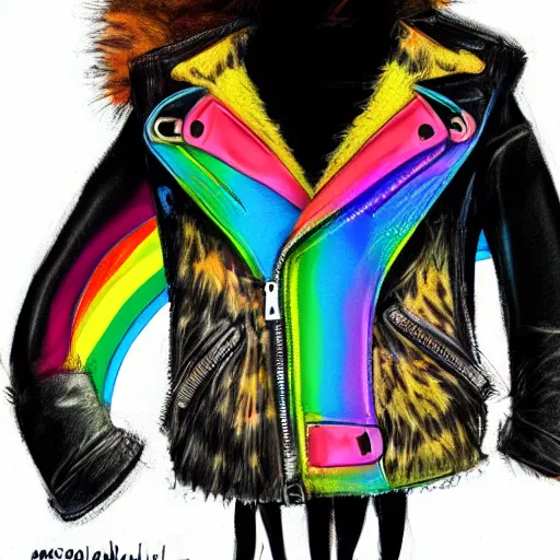 Image similar to wide angle full body, jacket wearing fluffy cute rainbow kitten wearing a black leather motorcycle jacket, cinematic concept art