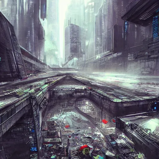 Prompt: futuristic underground polluted city, depressing, garbage piles, artstation