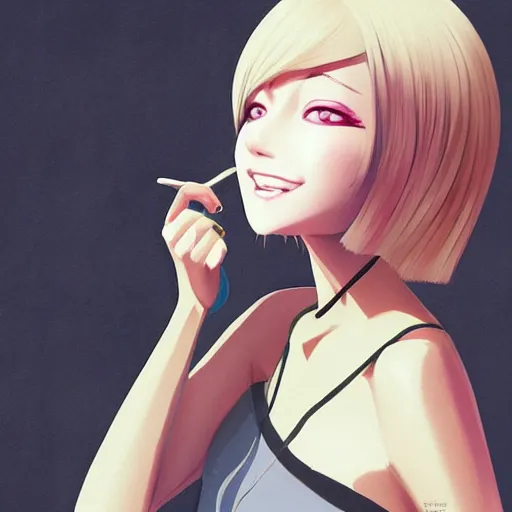 Image similar to urban girl fanart with black facemask, blond bob haircut, muted colors, matte print, pastel colors, ornate, digital art, cute smile, digital painting, fan art, elegant, pixiv, by ilya kuvshinov, by studio ghibli